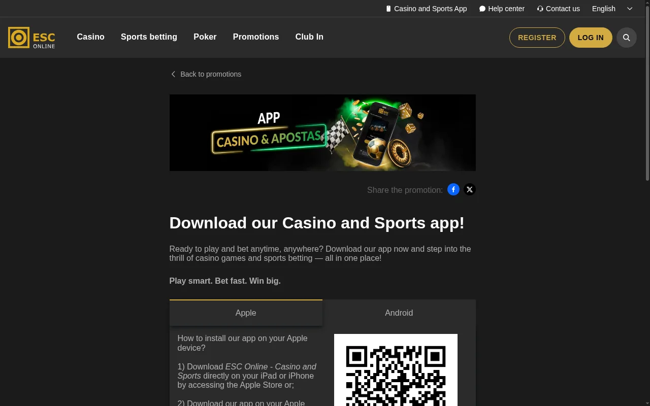 App móvel ESC Online com casino apostas desportivas e acesso rápido