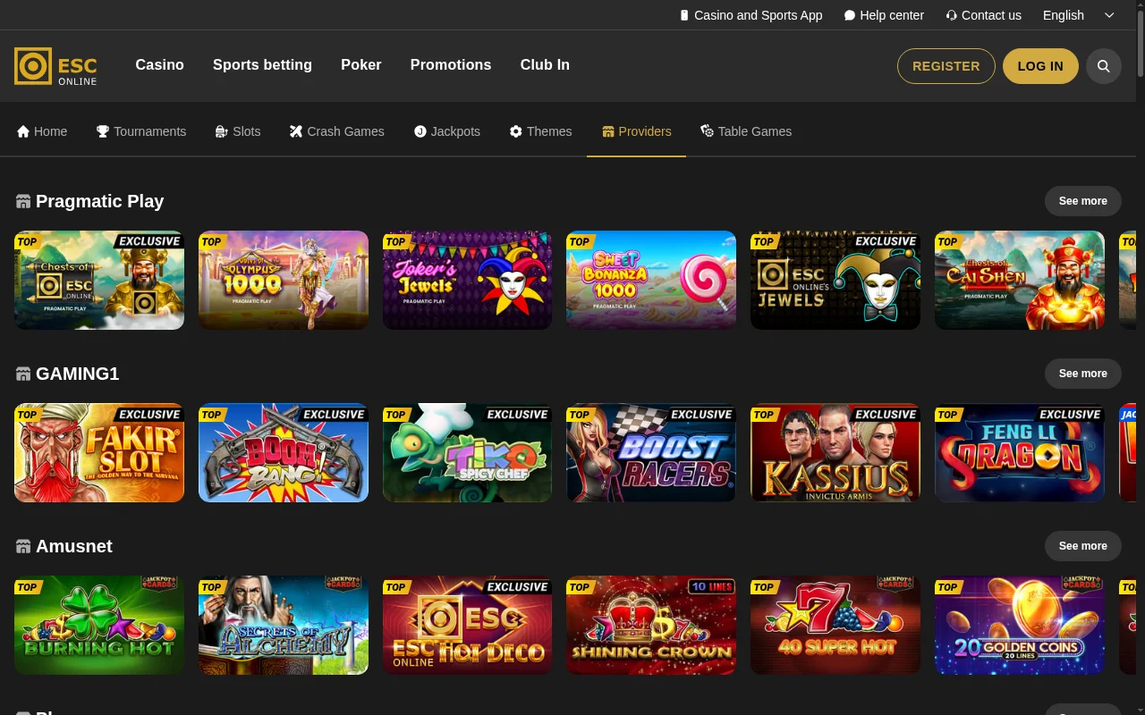 Fornecedores de jogos ESC Online com Gaming1, Pragmatic Play e Play'n GO