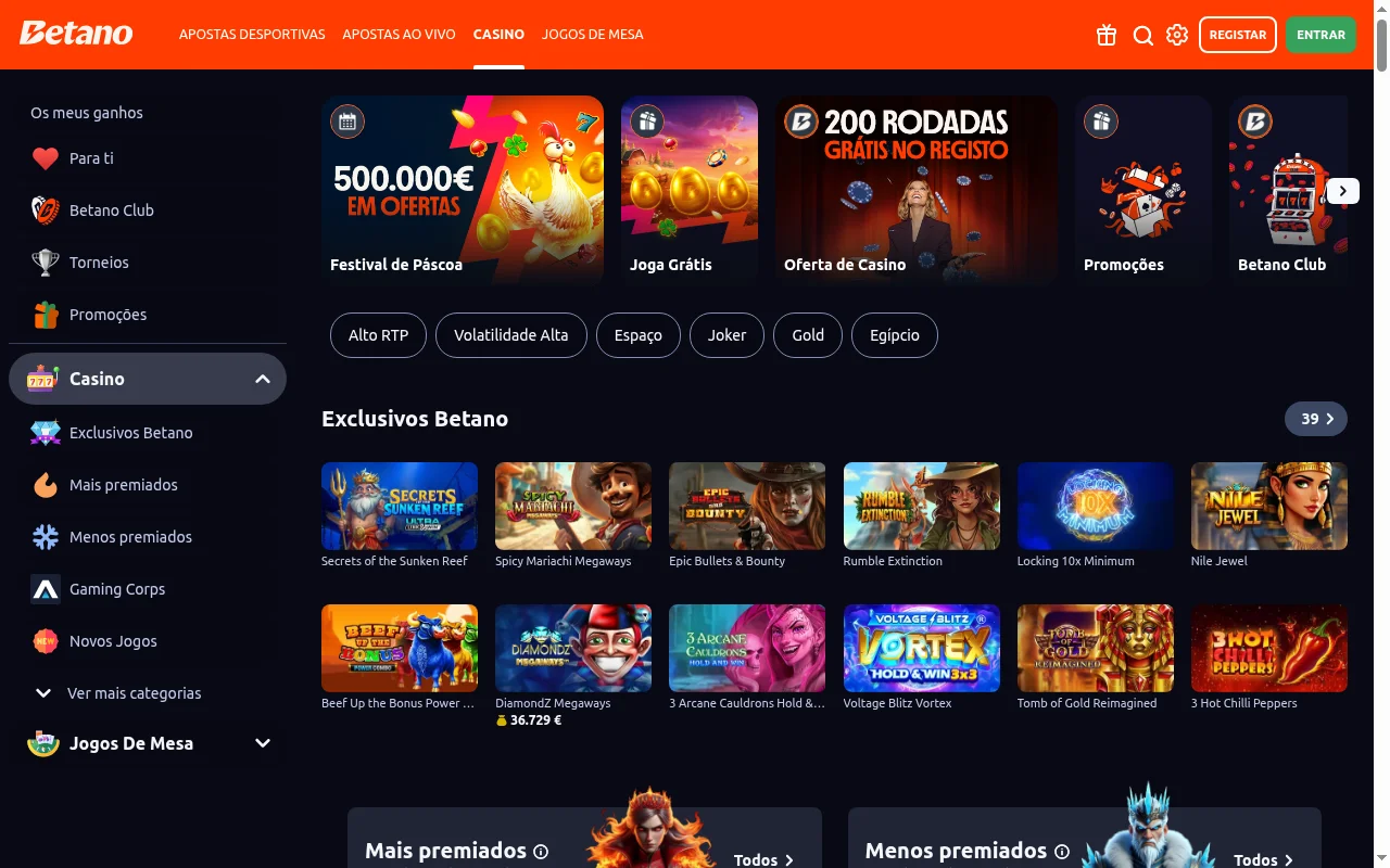 Homepage do casino online Betano em Portugal com catálogo de jogos
