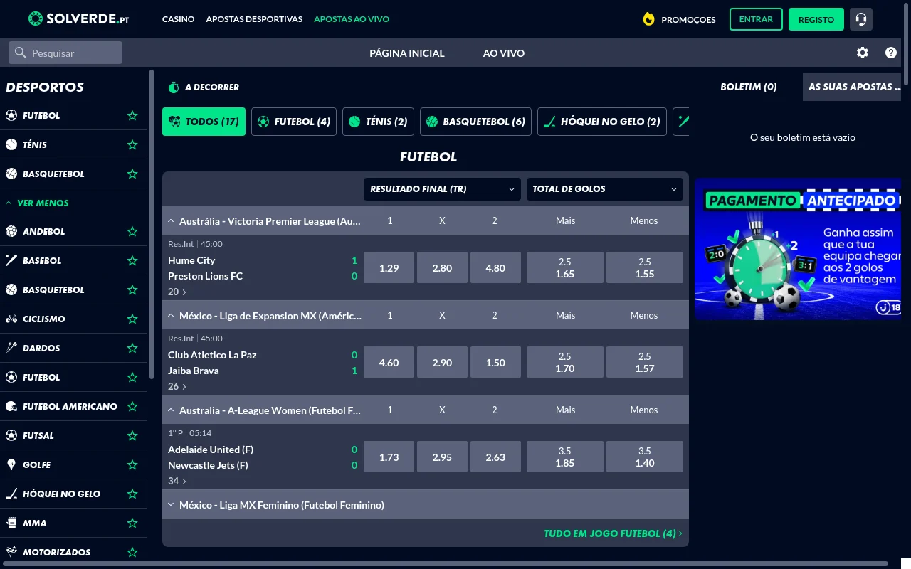Apostas ao vivo da Solverde com odds dinâmicas e match tracker
