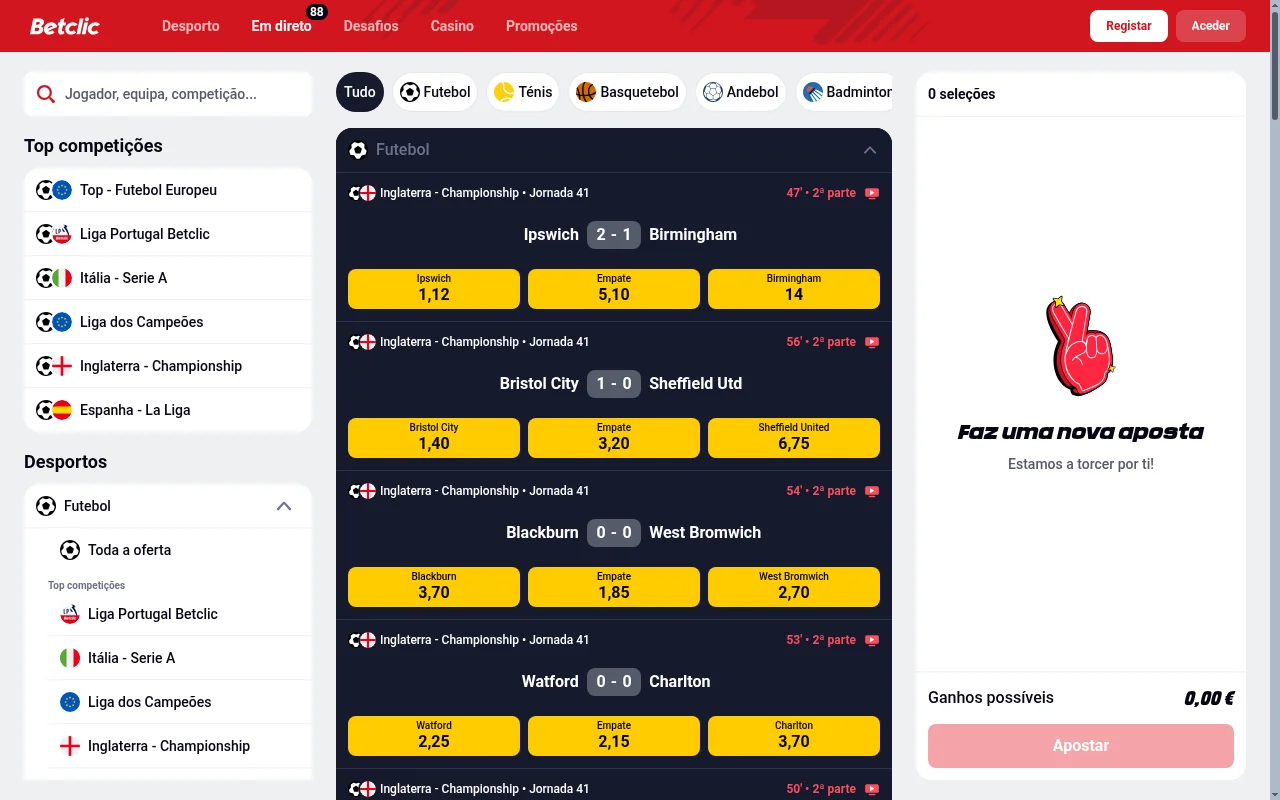 Apostas ao vivo na Betclic com odds em tempo real e mercados de futebol