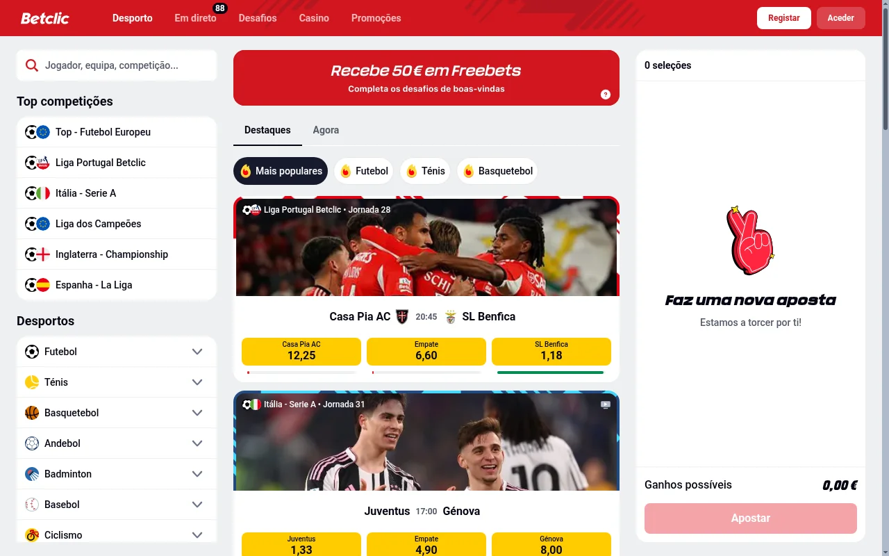 Secção de apostas desportivas na plataforma Betclic Portugal com modalidades e odds