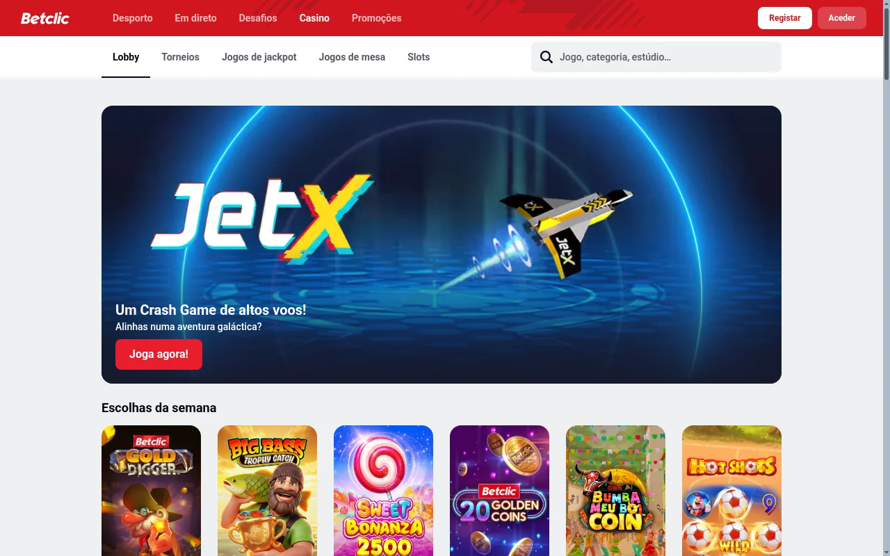 Lobby do casino online Betclic Portugal com catálogo de jogos e slots