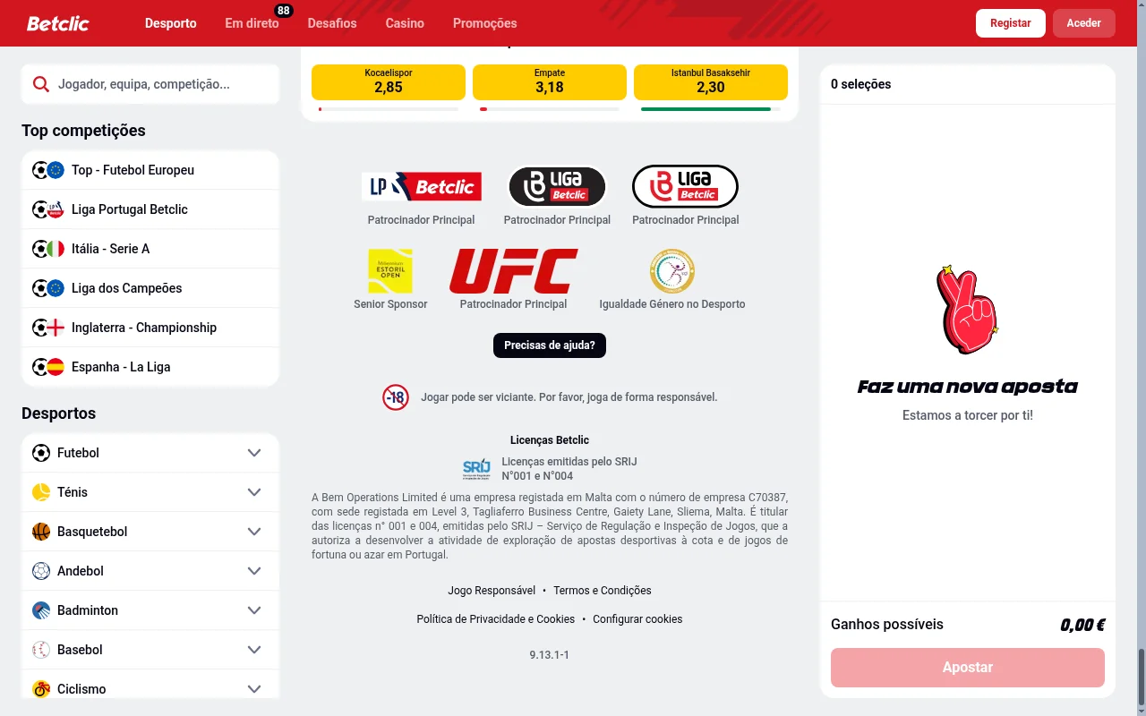 Rodapé da Betclic Portugal com informações de licença SRIJ e jogo responsável