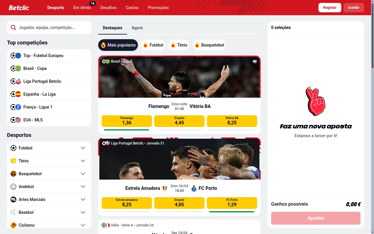 Odds e mercados de futebol na Betclic com Liga Portugal e Champions League