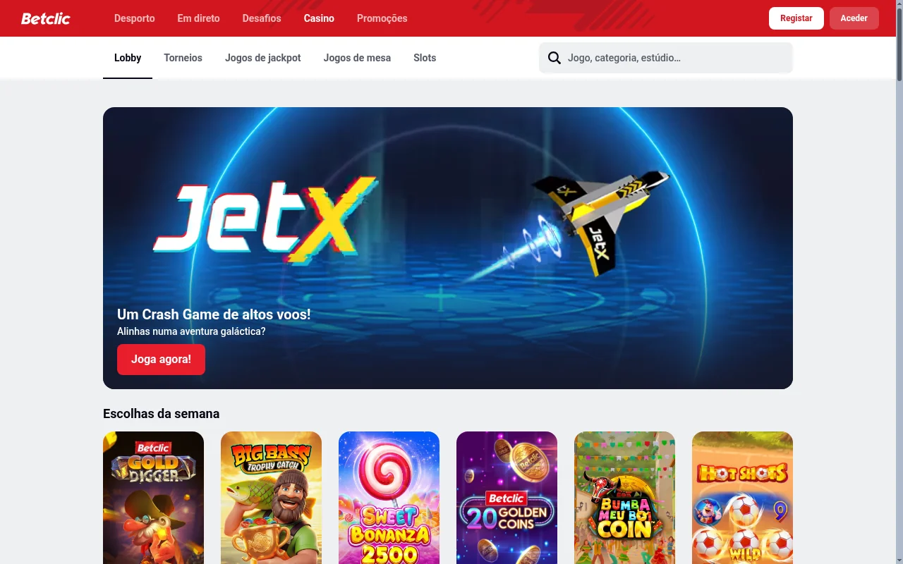 Lobby de slots no casino Betclic com mais de 2500 títulos e fornecedores premium