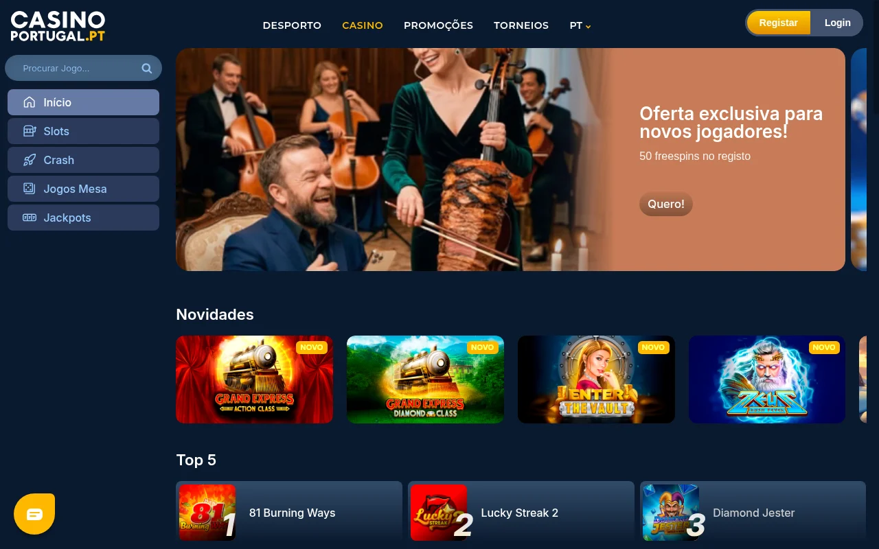 Página inicial do Casino Portugal com lobby de jogos promoções e menu de apostas desportivas