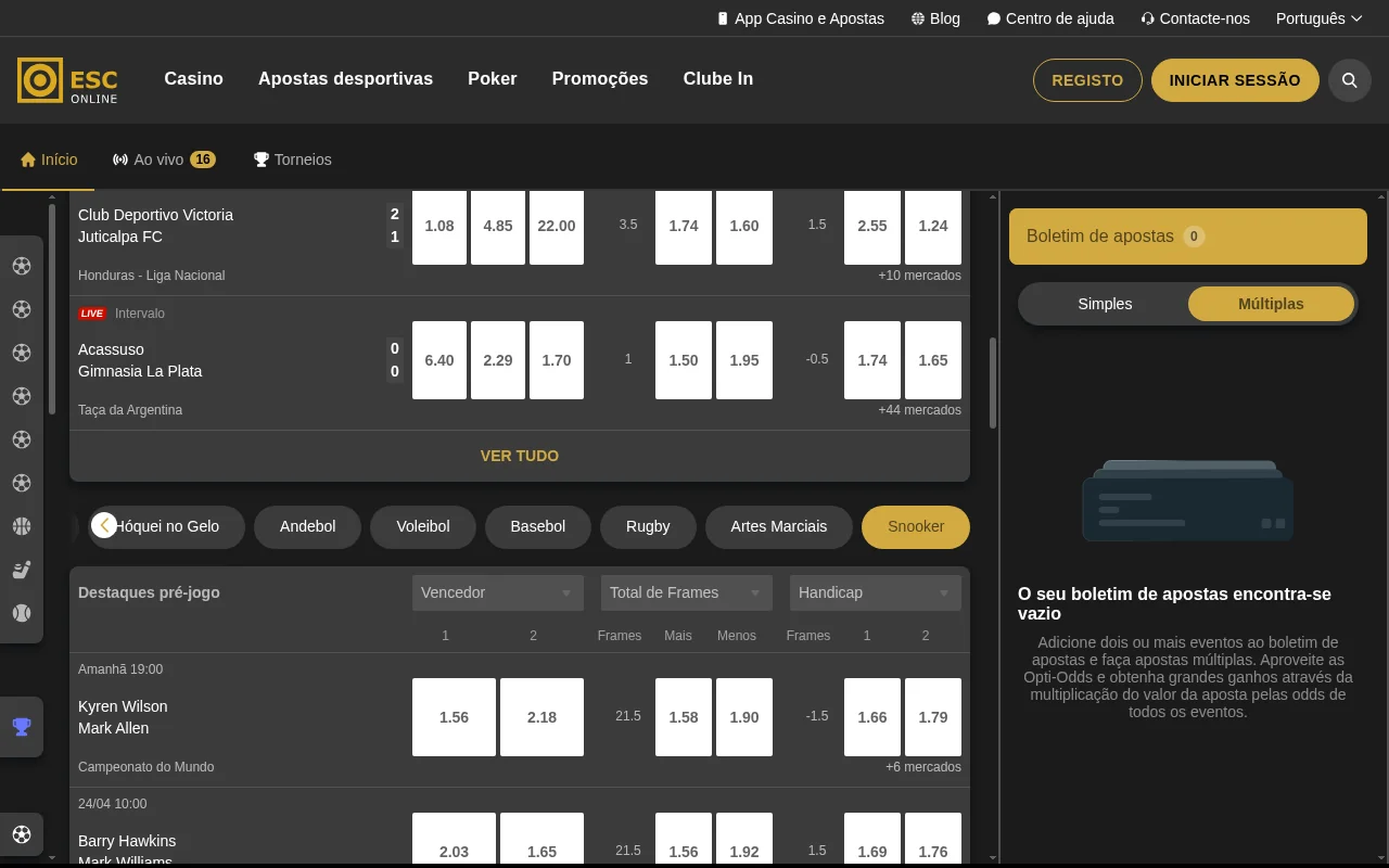 Apostas desportivas ESC Online com odds de futebol e Liga Portugal