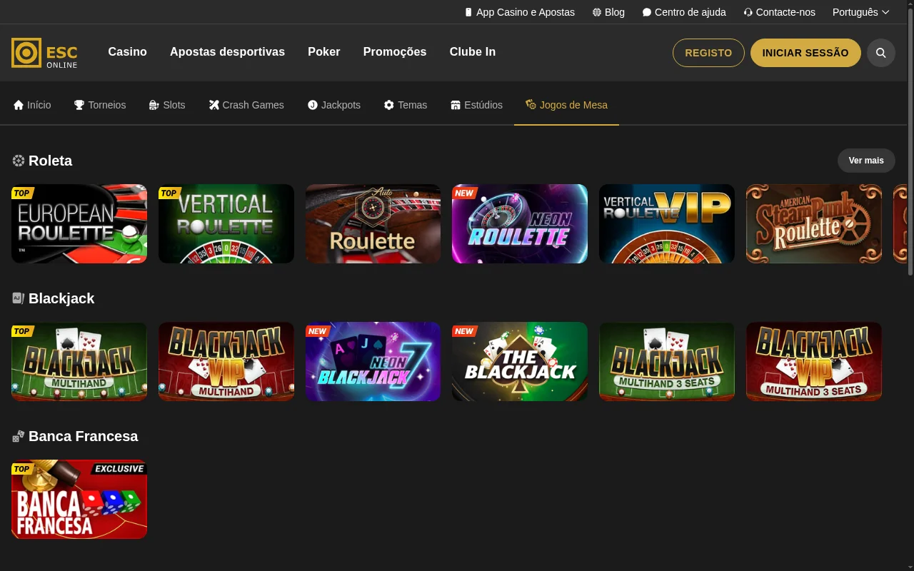 Jogos de mesa ESC Online com blackjack, roleta e banca francesa