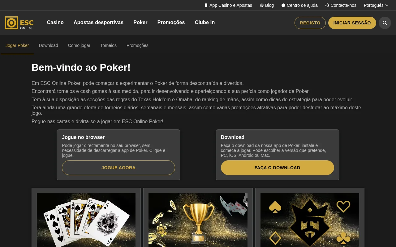 Poker ESC Online com torneios cash game Texas Holdem e app dedicada