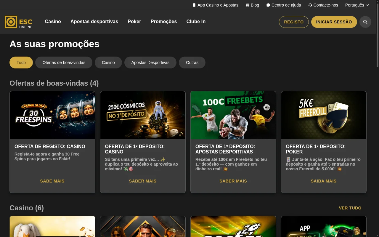 Promoções ESC Online com Clube In e ofertas recorrentes em casino e apostas