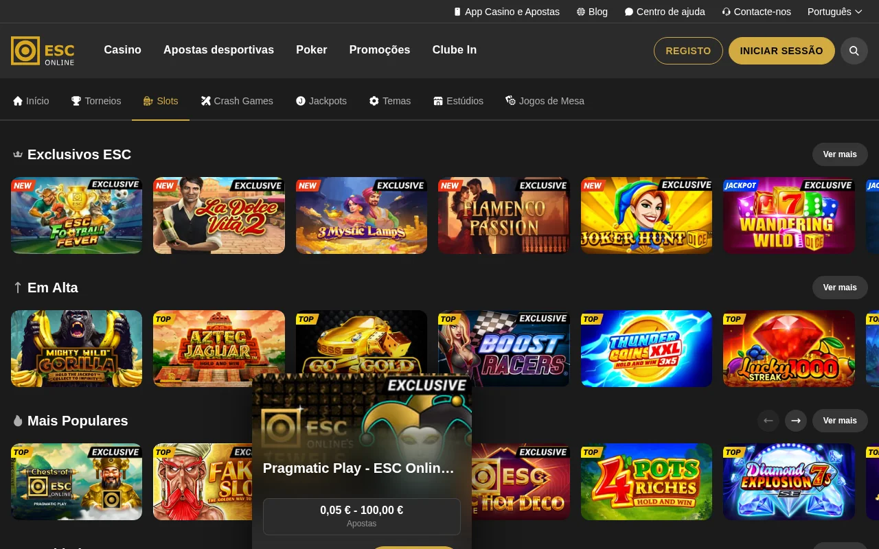 Slots ESC Online com jogos exclusivos Gaming1 e novidades em destaque
