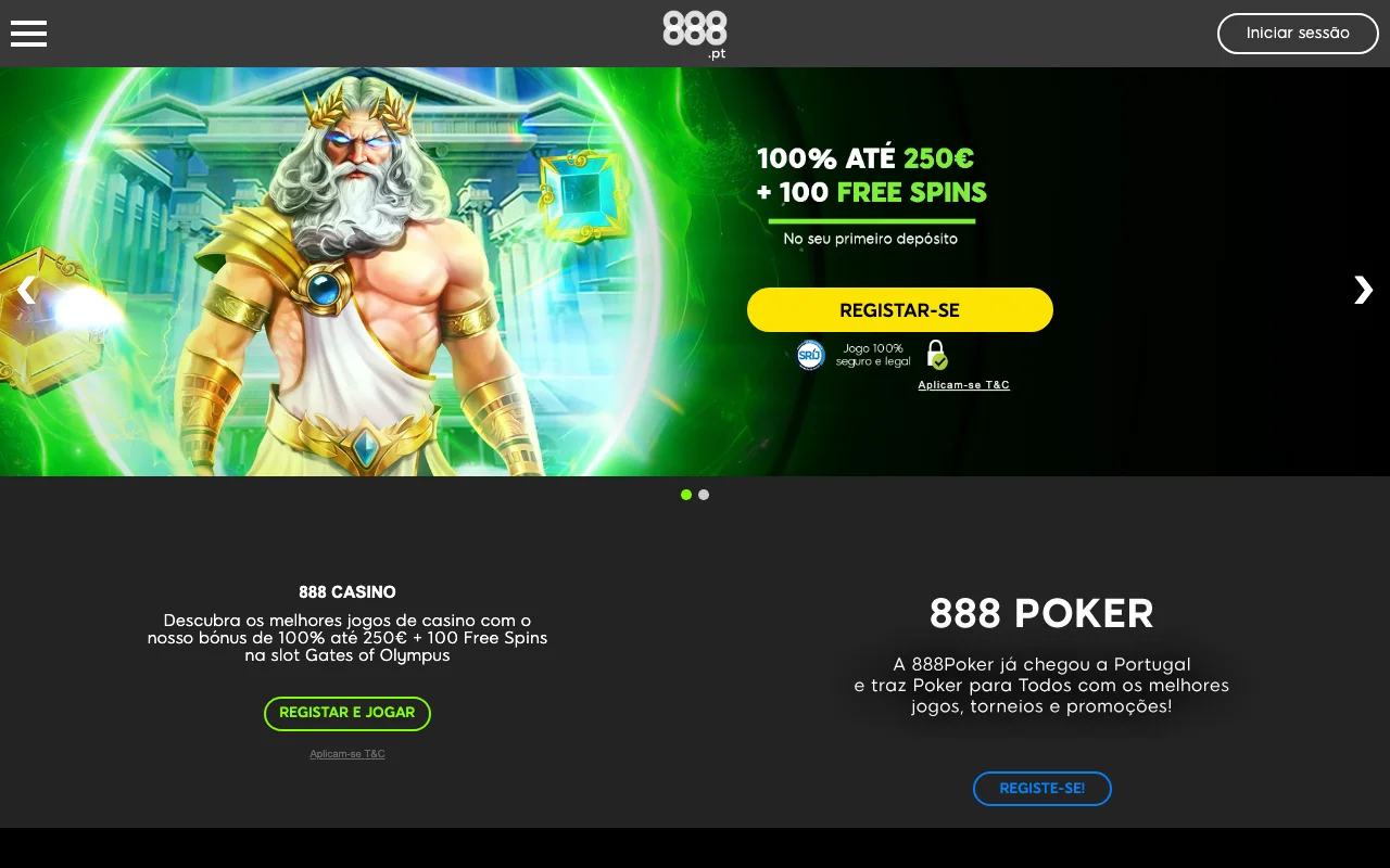 Homepage do casino online 888 Portugal com promoções e jogos disponíveis