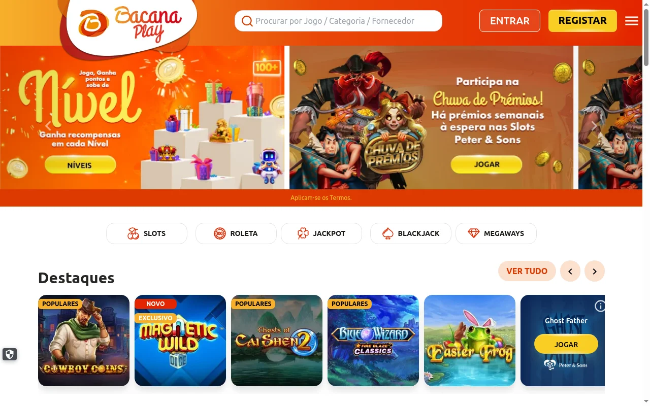 Homepage do casino online BacanaPlay Portugal com lobby de slots e jogos