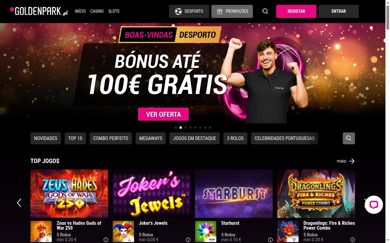 Homepage do casino online GoldenPark Portugal com slots e bonus de boas-vindas