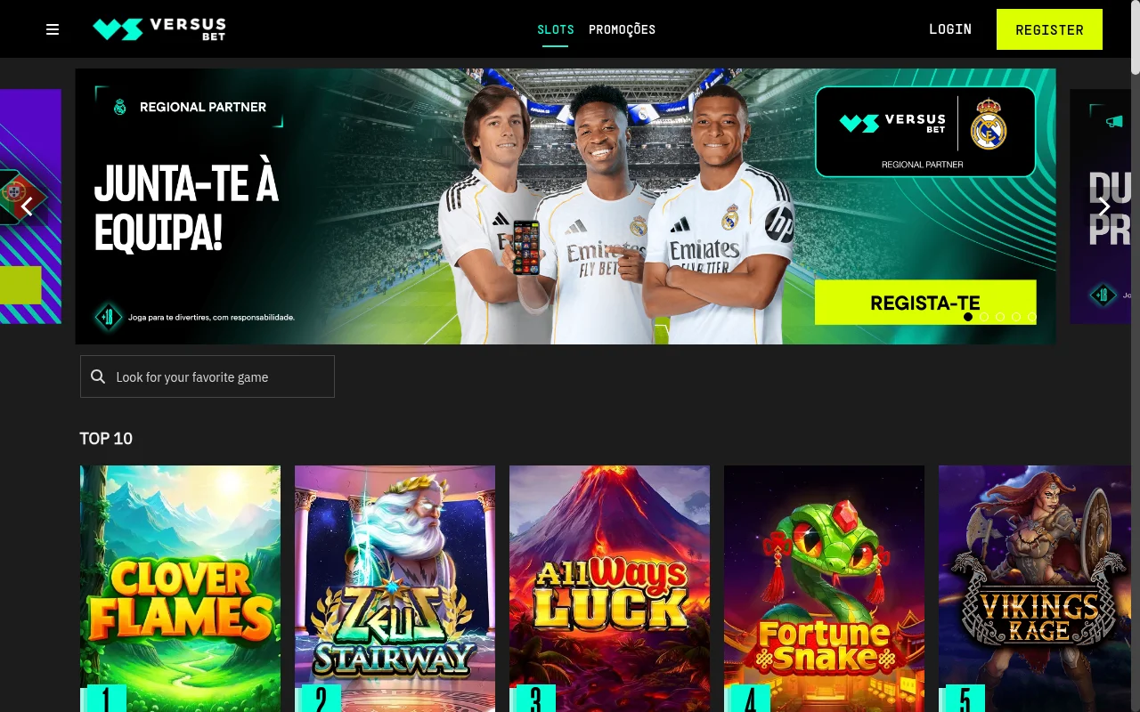 Homepage do casino online VERSUSbet Portugal com slots e parceria Real Madrid