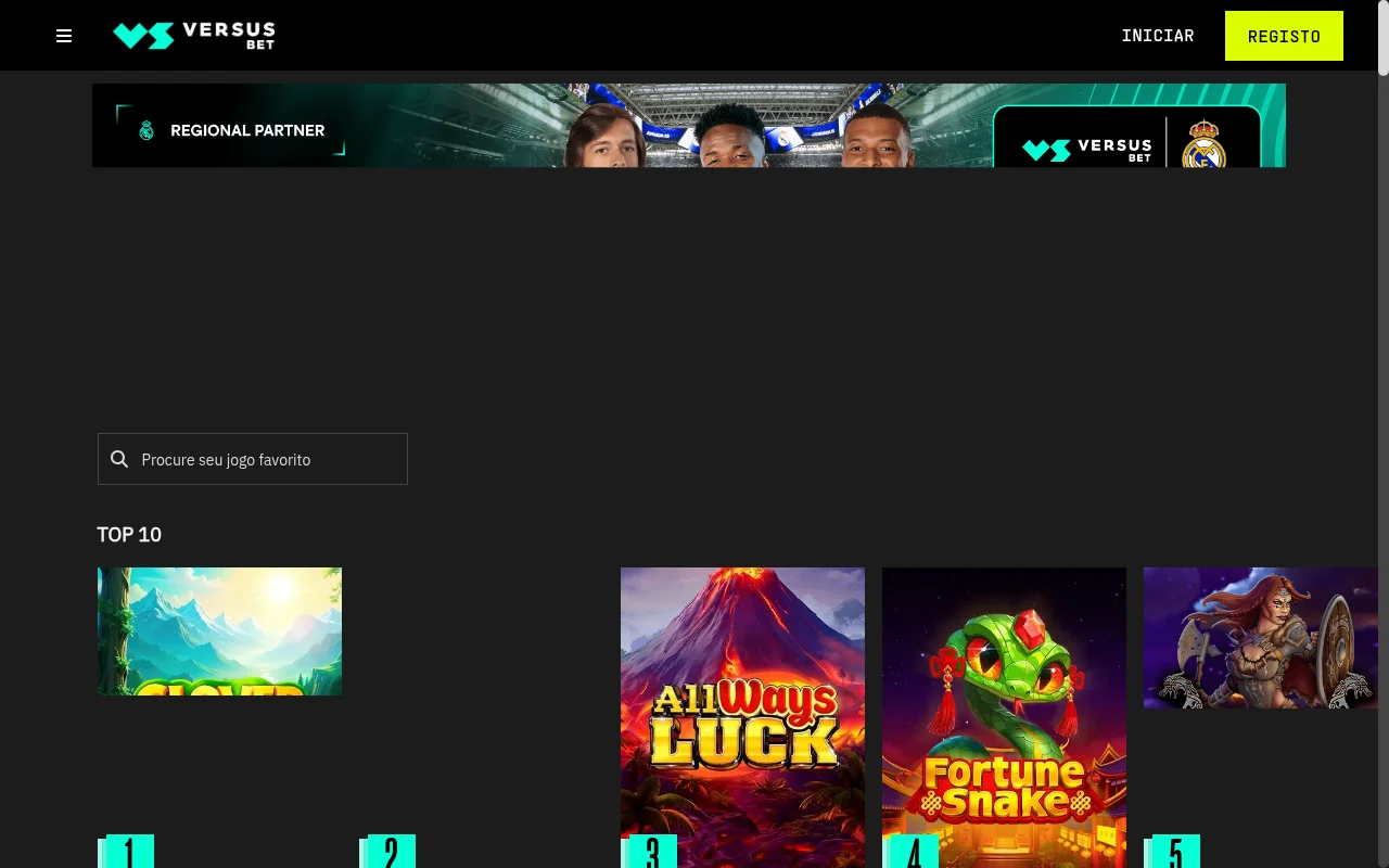 Homepage do casino online VERSUSbet Portugal com catálogo de slots e licença SRIJ