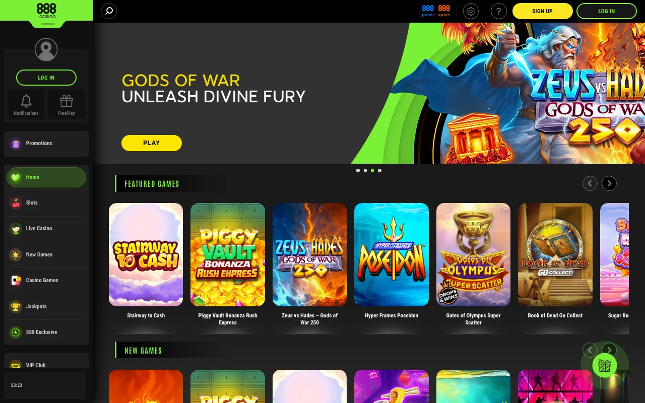Lobby de slots e jogos disponíveis no casino 888 online
