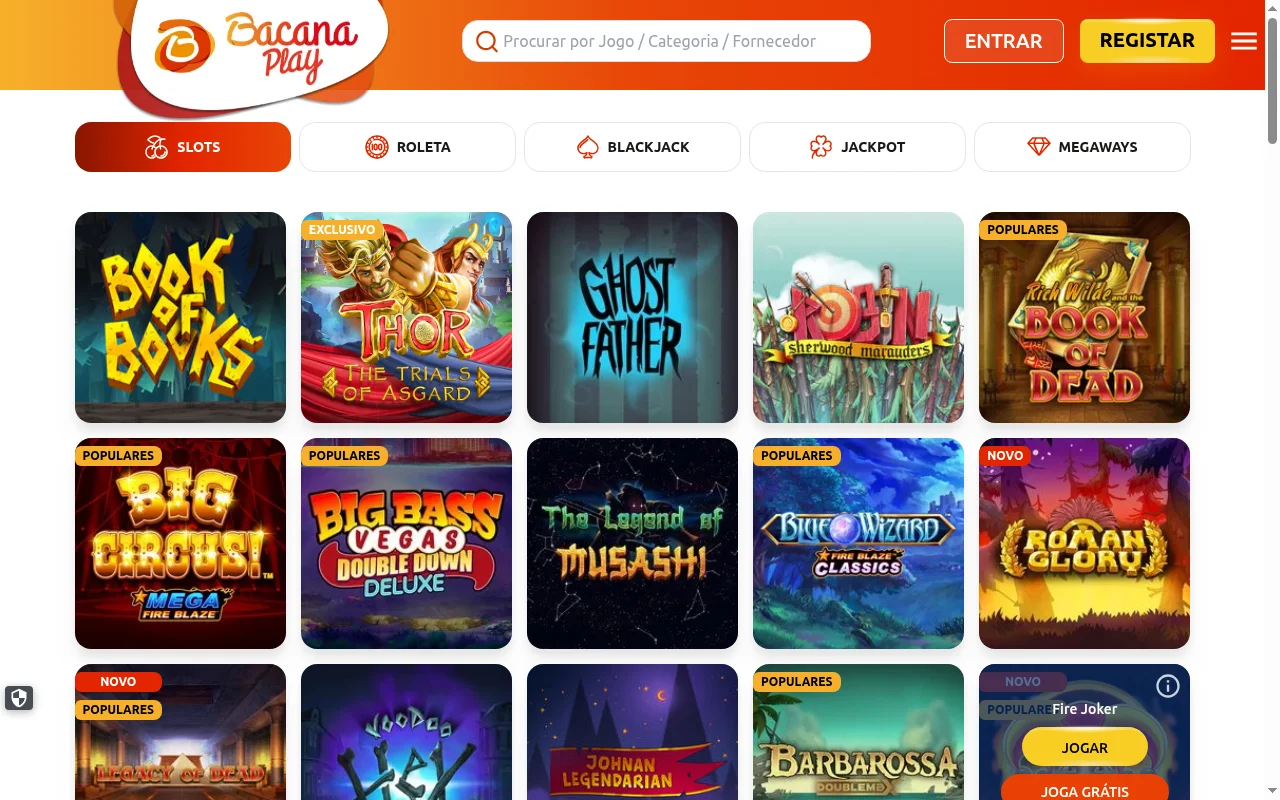 Lobby de slots do casino online BacanaPlay com jogos em destaque
