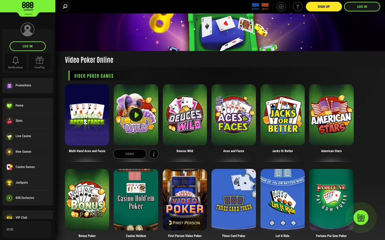 Categorias de jogos e slots disponíveis no casino online 888