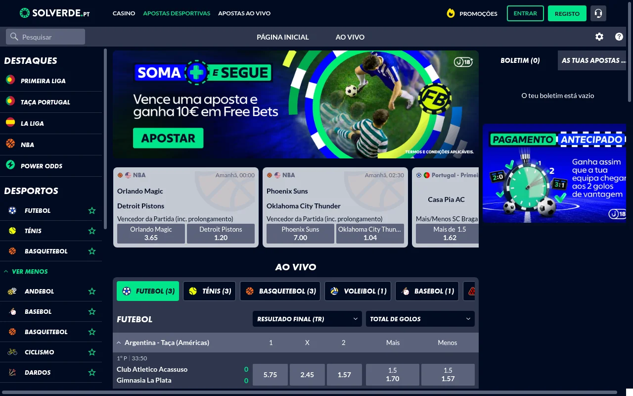 Secção de apostas desportivas da Solverde com odds ao vivo de futebol