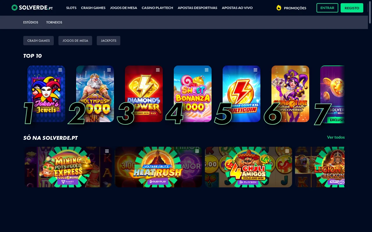 Homepage do casino Solverde Portugal com promoções e slots populares