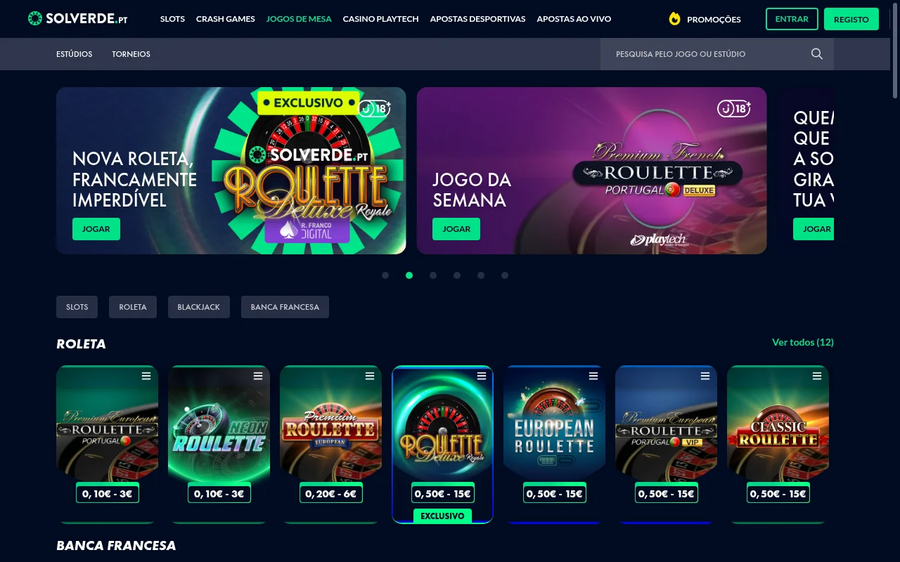 Jogos de mesa da Solverde com roleta e blackjack