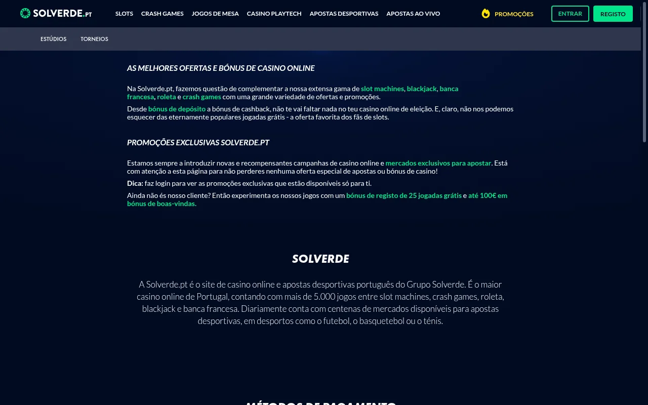 Página de promoções e bónus de casino da Solverde Portugal