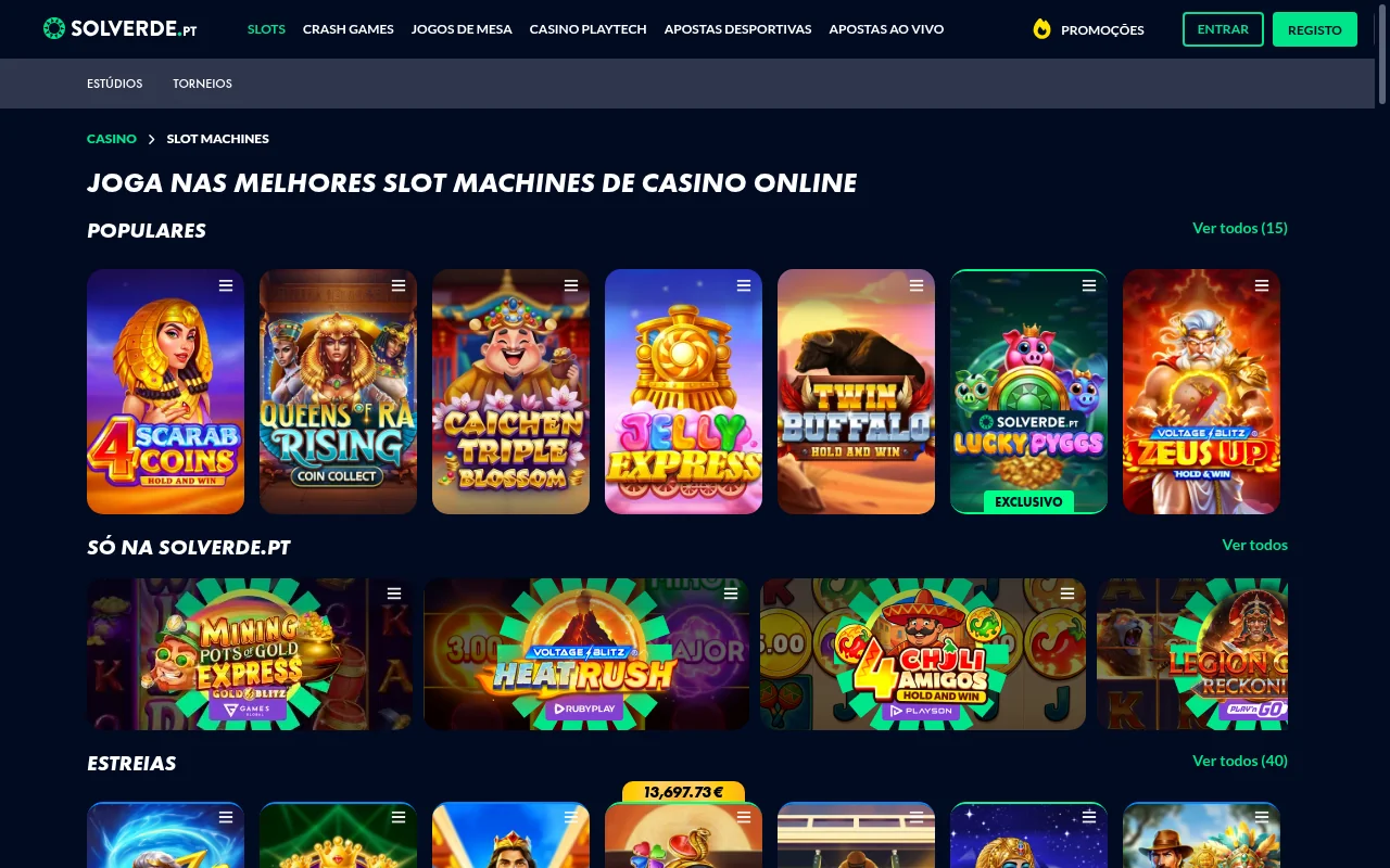 Catálogo de slots online da Solverde com filtros por fornecedor