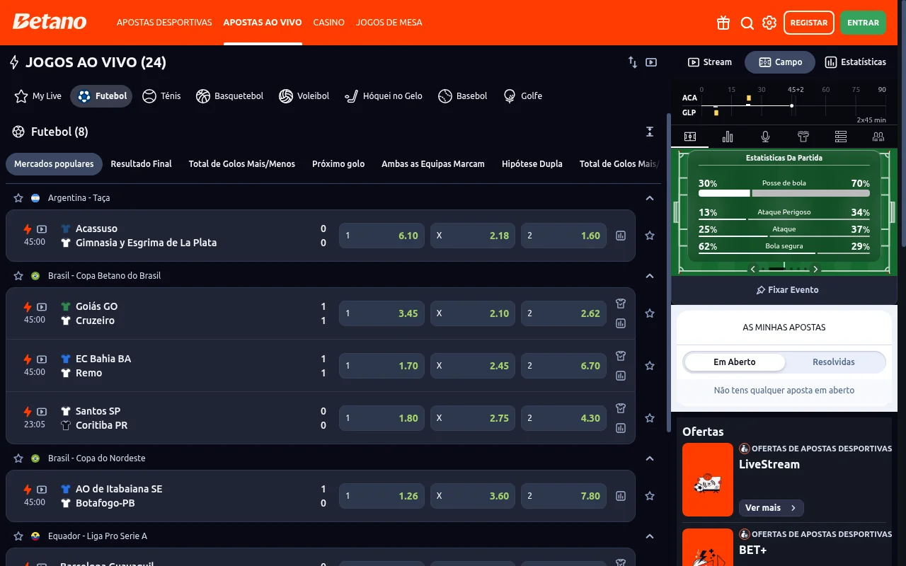 Apostas ao vivo na Betano com ferramentas Bet+ e construtor de apostas