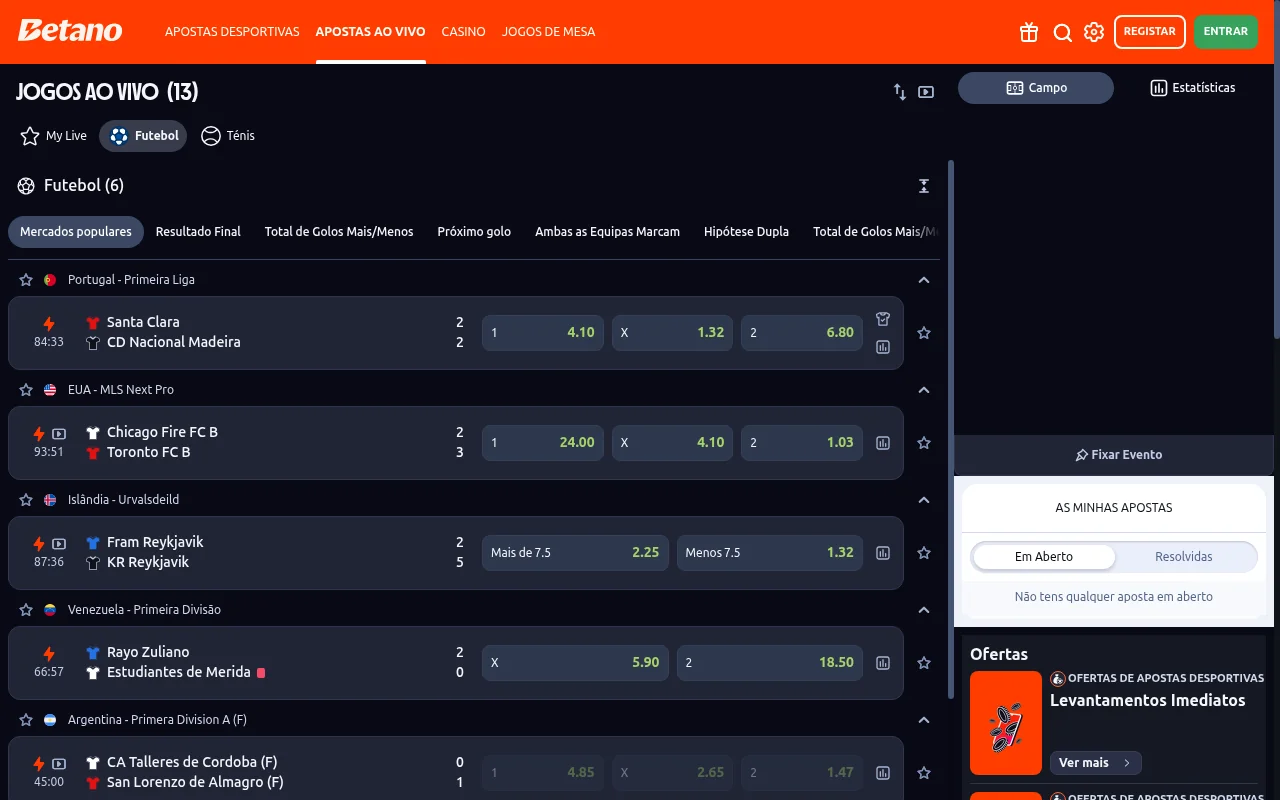 Apostas ao vivo da Betano com treze jogos em direto e mercados de futebol em tempo real