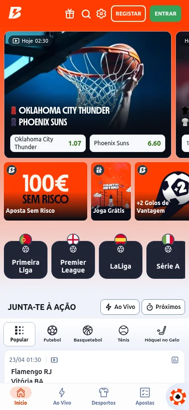App Betano para iOS e Android com ecrã de apostas desportivas e casino