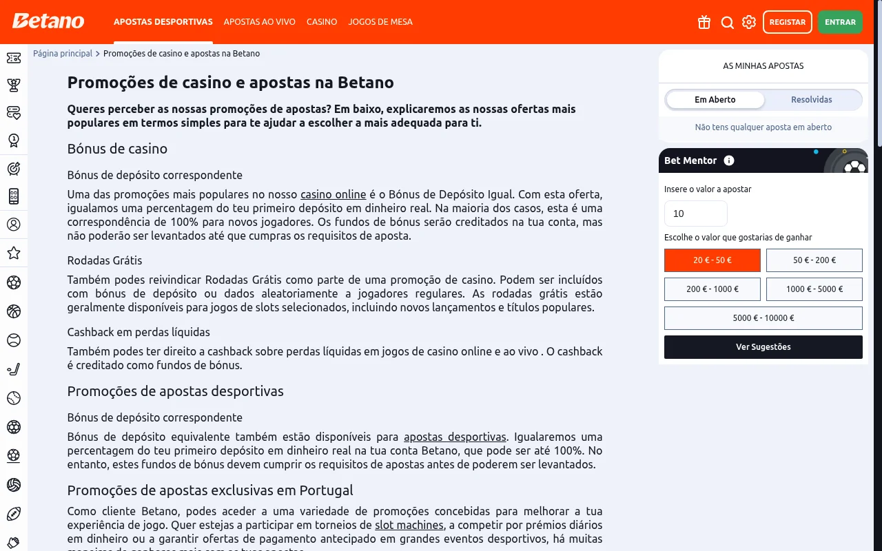 Página de bónus da Betano Casino com promoção de boas-vindas e free spins