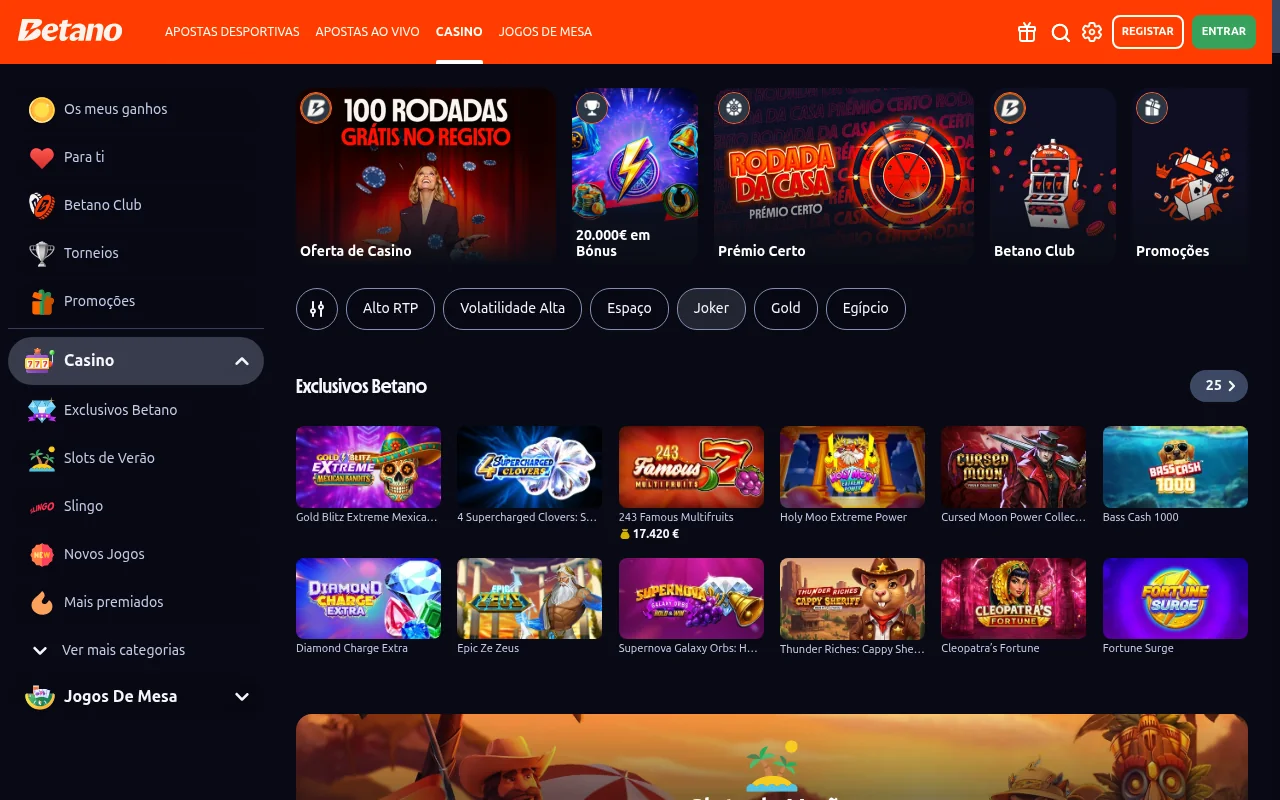 Lobby do casino Betano com 100 rodadas gratis no registo e jogos exclusivos em destaque