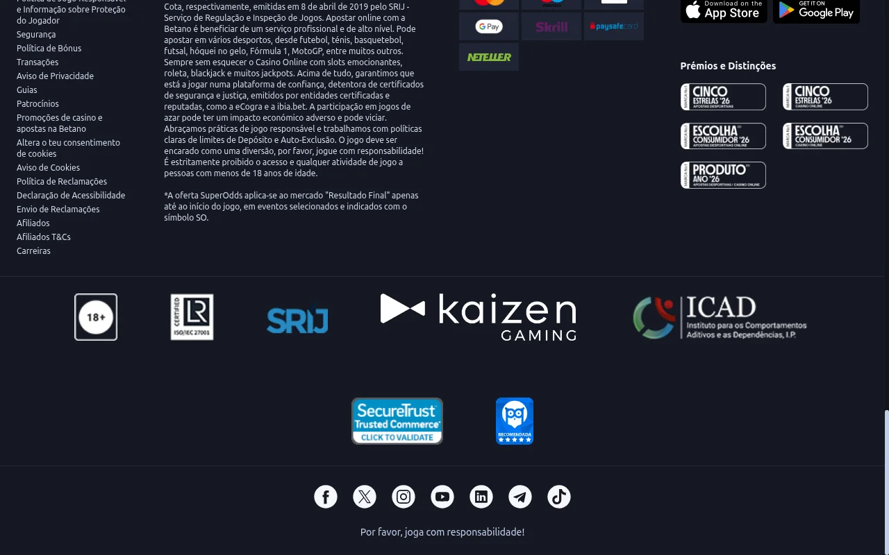 Rodape da Betano com selo do SRIJ, marca Kaizen Gaming e certificacao ISO IEC 27001