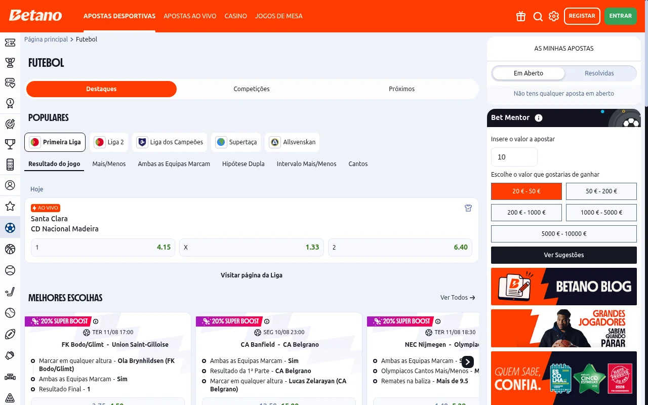 Odds de futebol da Betano na Primeira Liga com Super Boost de 20 por cento nas melhores escolhas