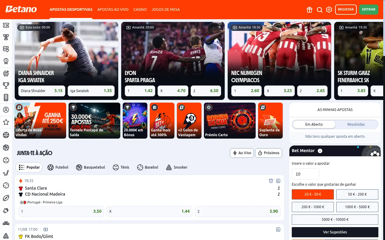 Homepage da Betano com odds ao vivo e ofertas de boas-vindas para apostadores portugueses