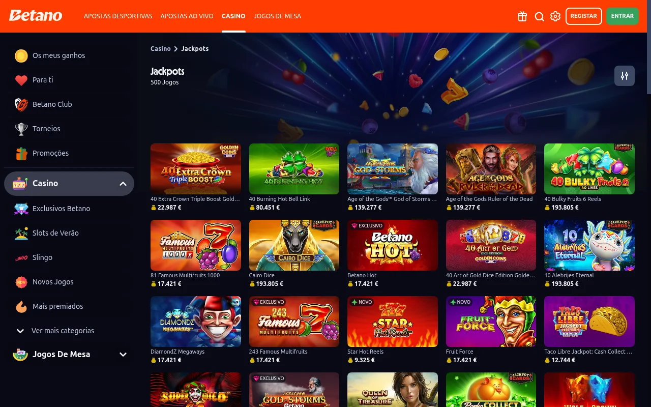 Jackpots da Betano com 500 jogos e premios acumulados acima de 190 mil euros