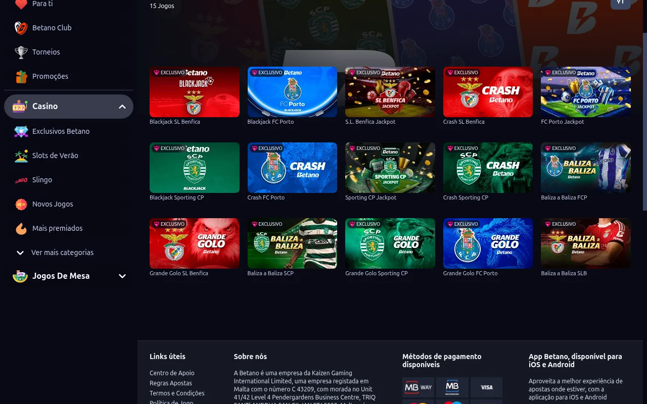 Jogos exclusivos da Betano dedicados ao Benfica, FC Porto e Sporting com blackjack tematico