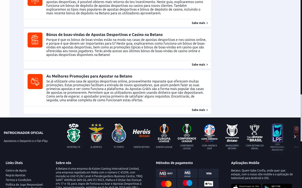 Metodos de pagamento aceites pela Betano incluindo MB Way, Multibanco, Visa e Apple Pay