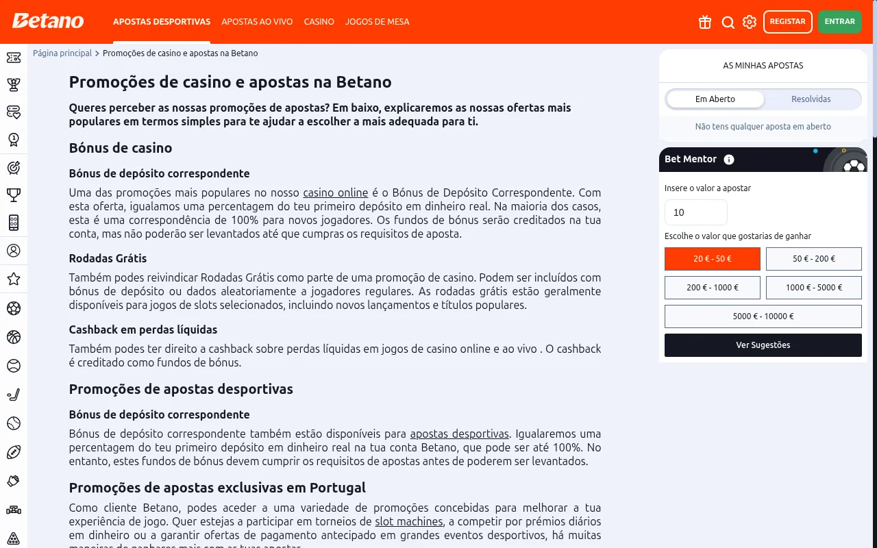 Pagina de promocoes da Betano com bonus de casino, rodadas gratis e cashback em perdas liquidas
