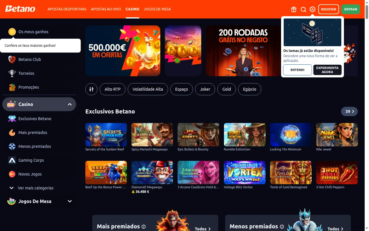 Betano casino online secção de jogos slots e mesa