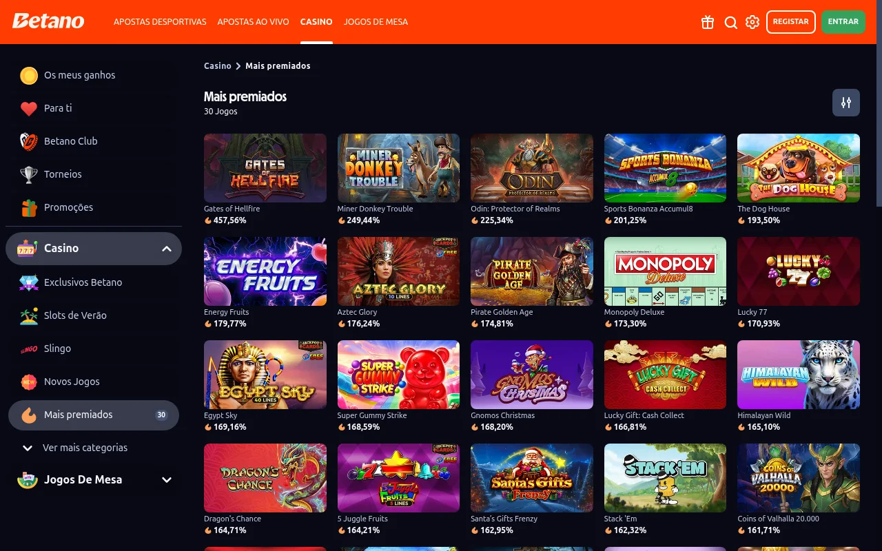 Slots mais premiadas do casino Betano com percentagens de retorno ao jogador atualizadas