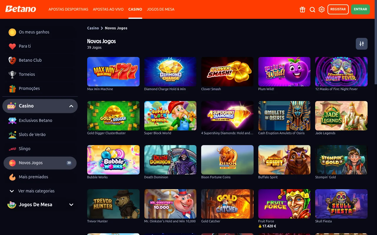 Seccao Novos Jogos do casino Betano com 39 slots recem-lancadas disponiveis em Portugal