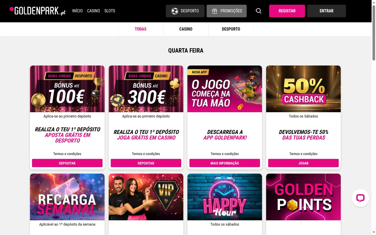 Pagina de bonus e promocoes do casino GoldenPark Portugal