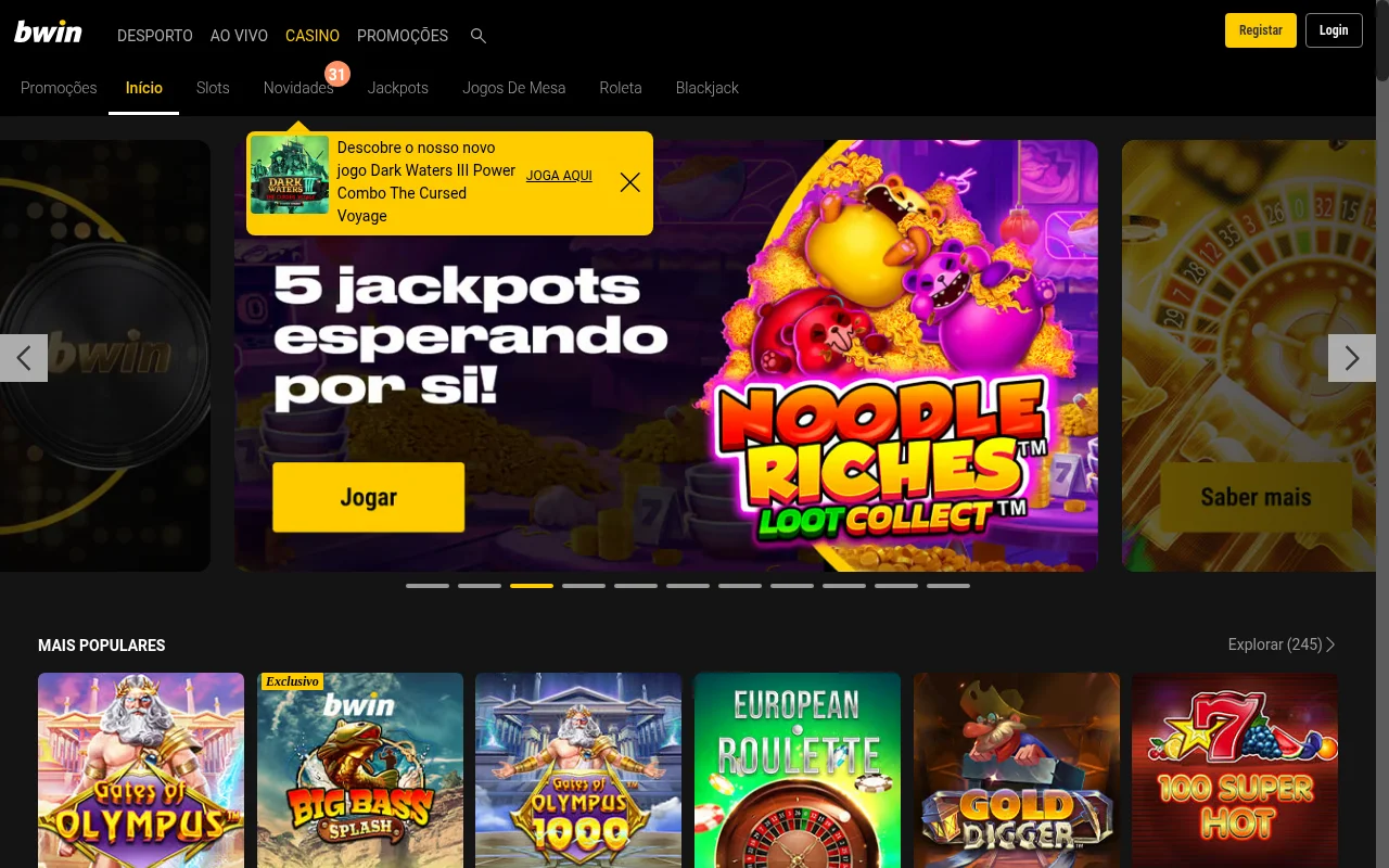 Lobby do casino Bwin com slots e jogos populares