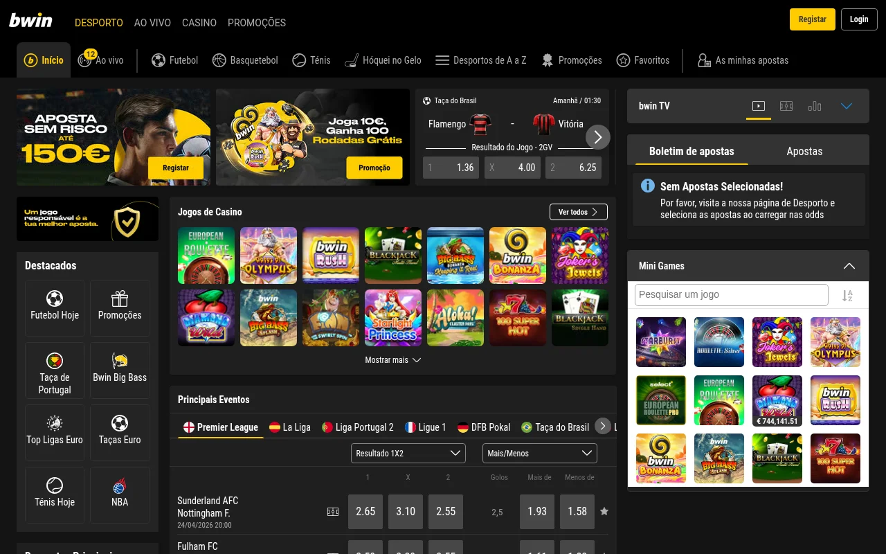 Homepage da Bwin Portugal com apostas desportivas e casino