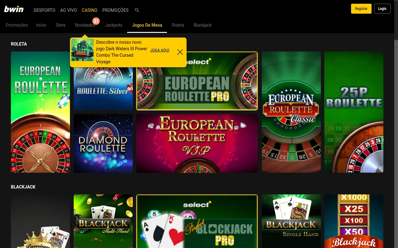 Jogos de mesa da Bwin incluindo blackjack e roleta