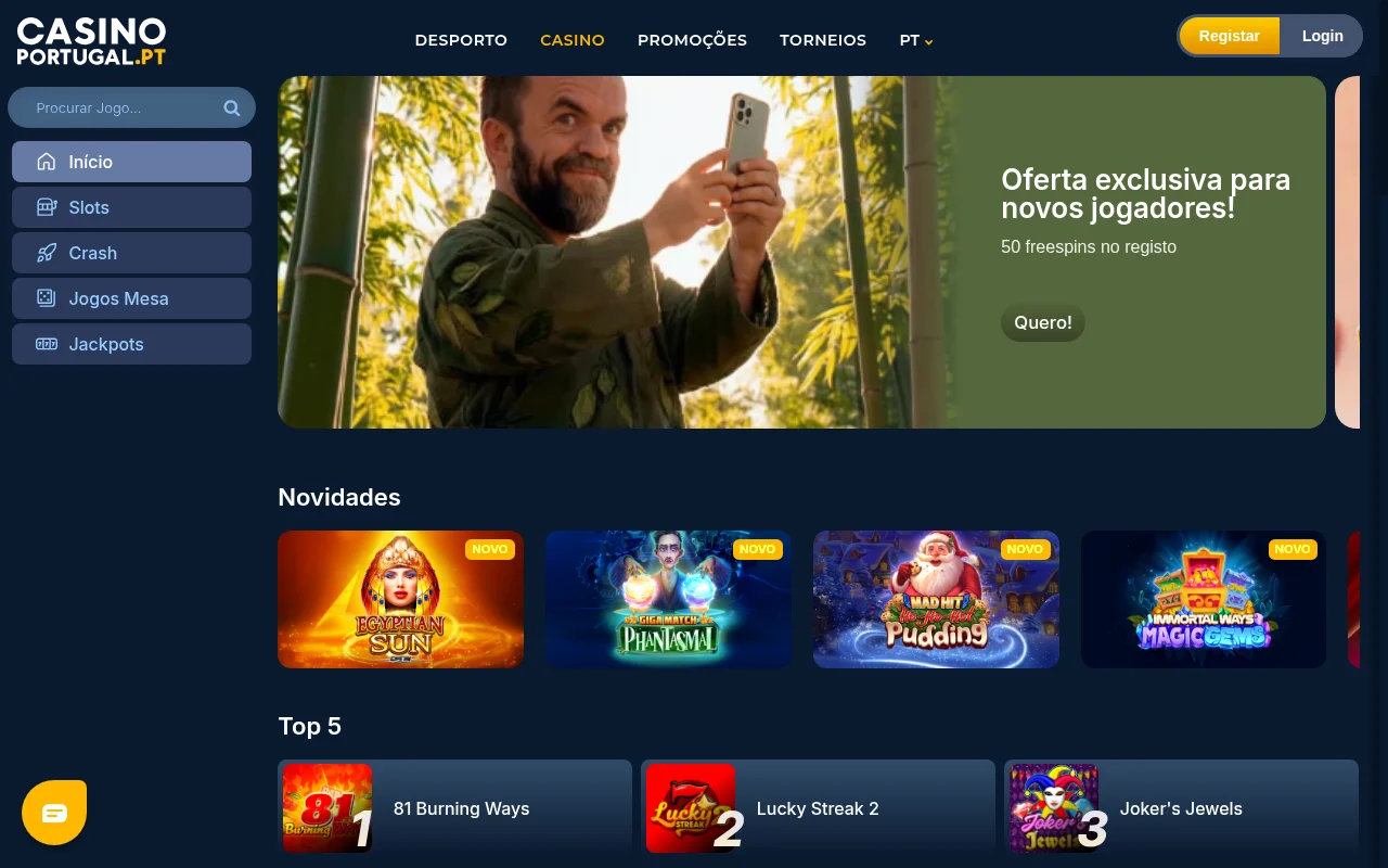 Lobby do casino online do Casino Portugal com categorias de slots jackpots e jogos de mesa