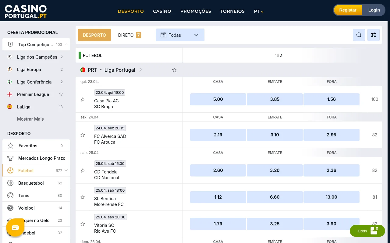 Secção de apostas desportivas Casino Portugal com boletim de apostas e mercados de futebol